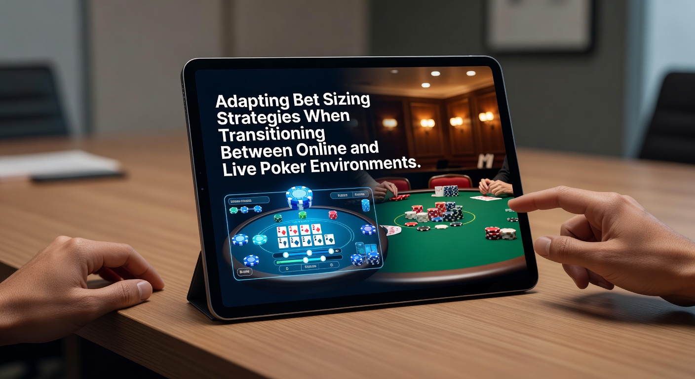 Poker-Spieler analysiert Bet-Sizing-Strategien am Live-Tisch mit Fokus auf physische Dynamik und Umgebungswechsel