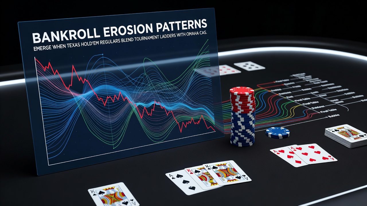 Detailaufnahme eines Poker-Chip-Stacks mit Casino-Belohnungskarte und Turnierplan im Hintergrund