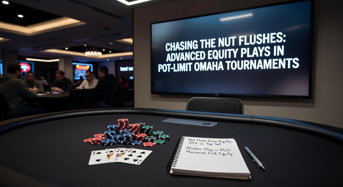 Poker-Spieler analysiert Equity bei einem Pot-Limit Omaha Turnier mit Fokus auf Nut Flush Draws