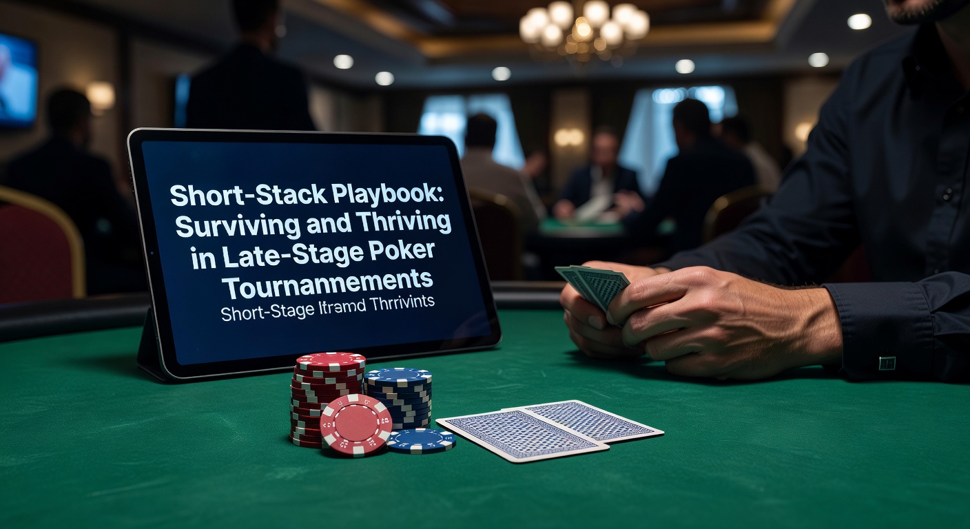 Ein Poker-Spieler analysiert seinen Short-Stack in einem intensiven Turnierfinale, umgeben von Chips und Gegnern