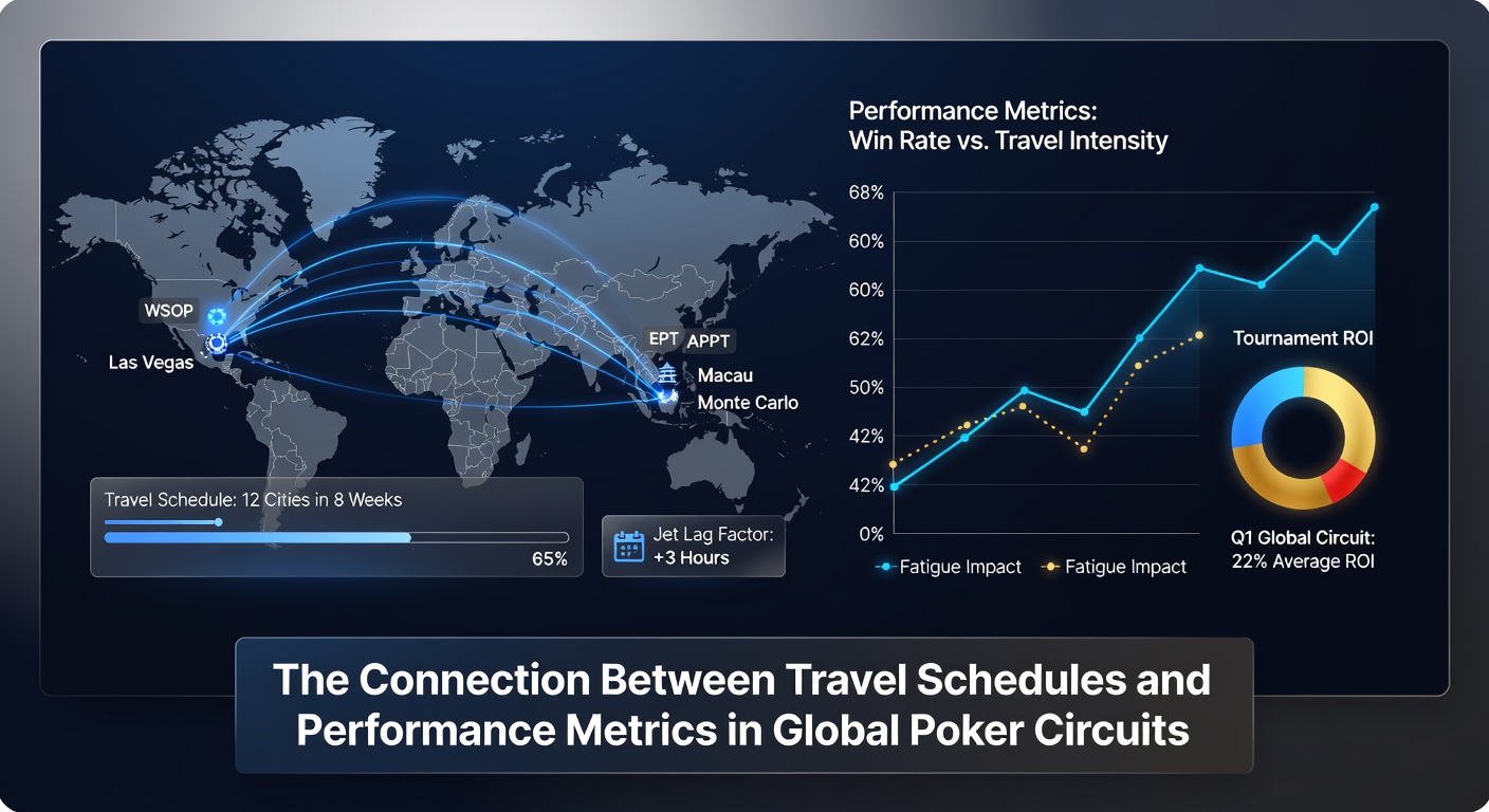 Poker-Spieler bei einem internationalen Turnier mit Reisetaschen und Zeitplan im Hintergrund