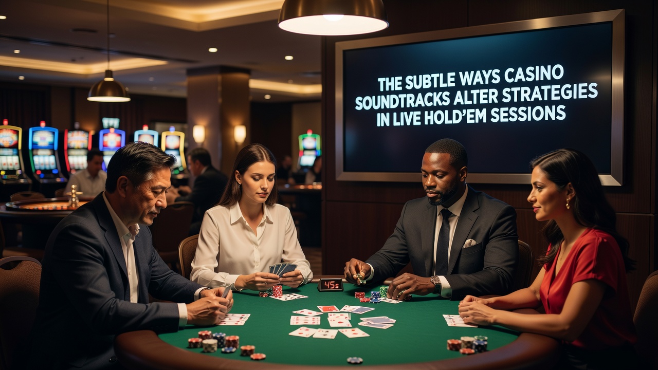 Pokerchips und Karten auf einem grünen Filztisch mit sichtbaren Lautsprechern im Hintergrund