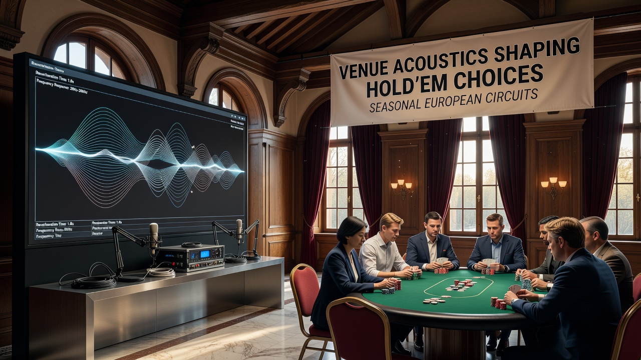 Detailaufnahme eines Poker-Tisches mit akustischen Messgeräten und Spielern während eines europäischen Hold'em-Turniers im August 2026